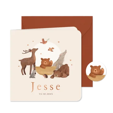 Geboortekaartjes bosdieren herfst wiegje illustratie